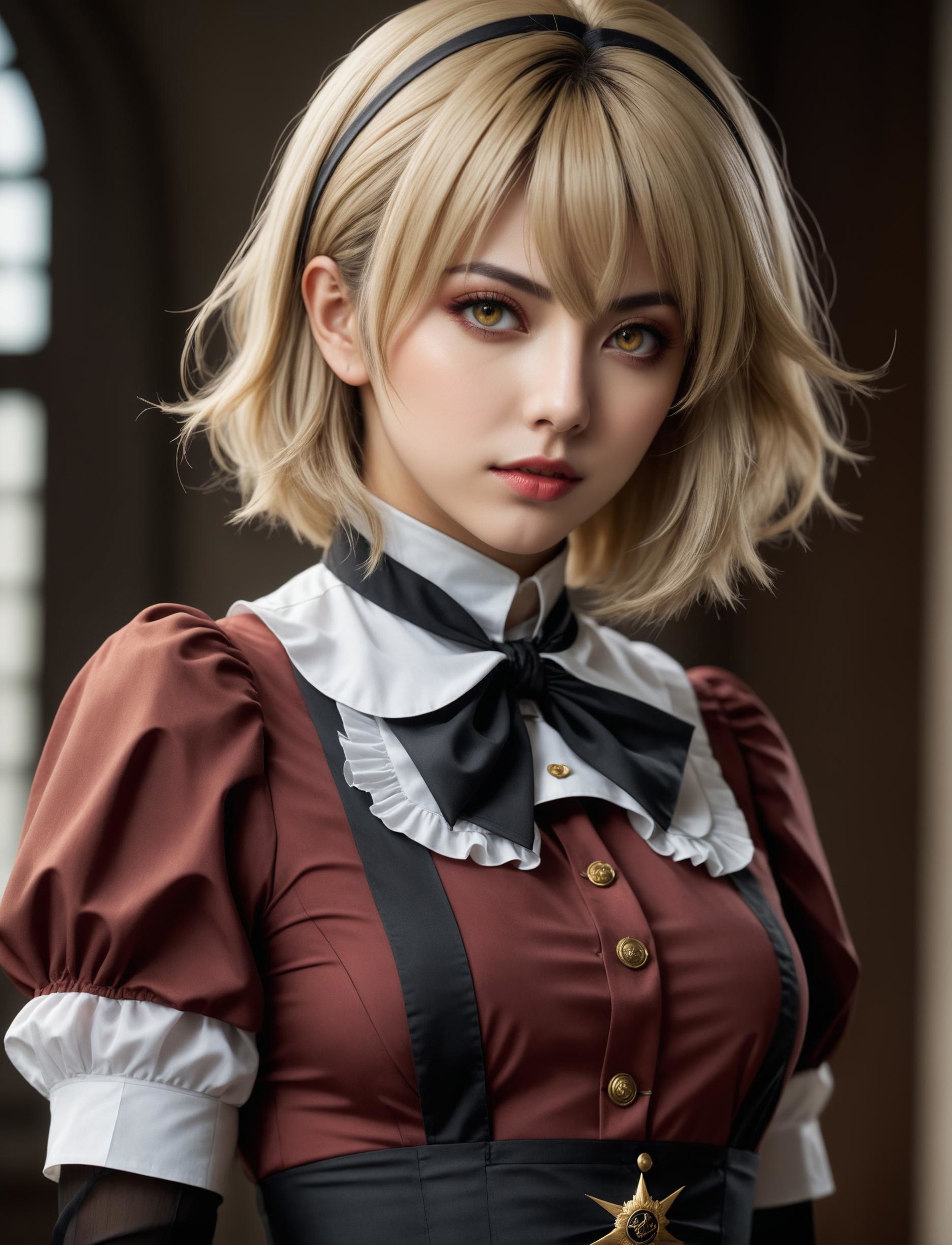 a woman, detailed, Seras Victoria costume, (beautiful maid outfit), stockings, (cosplay convention), hellsing, short hair,...